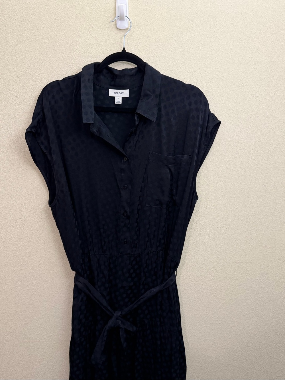 On 34th Black Dot-Texture Maxi Shirt Dress with Self-Tie Waist